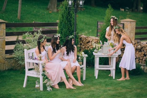 Girlfriends and bride celebrate hen party before the wedding