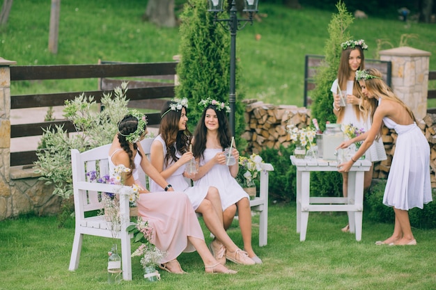 Girlfriends and bride celebrate hen party before the wedding