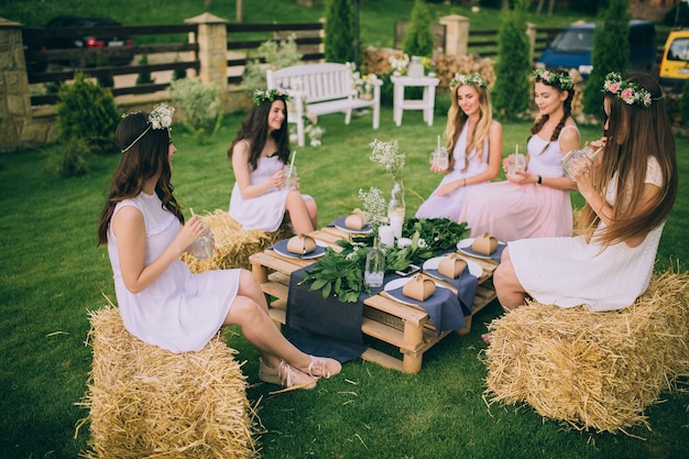 Girlfriends and bride celebrate hen party before the wedding