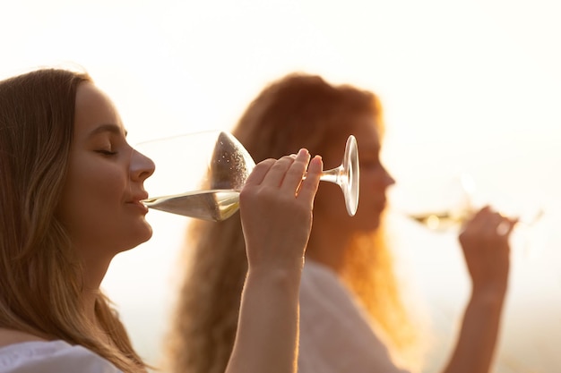 Фото Подружки пьют вино на вечеринке на открытом воздухе.