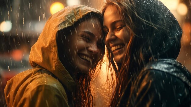 Girlfriends have fun in the rain in the city