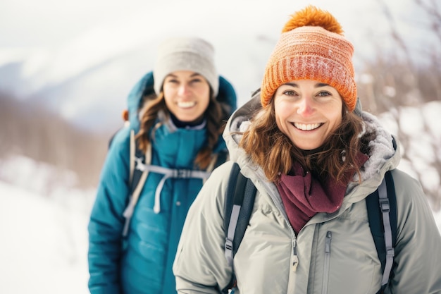 女友達が山をハイキングしている