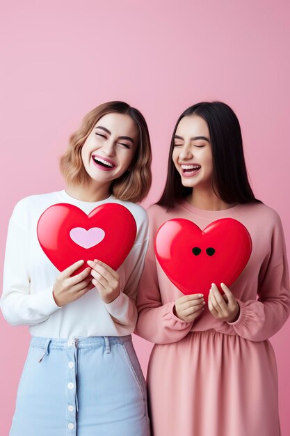 Photo girlfriends holding a heart face in their hands on valentine39s day