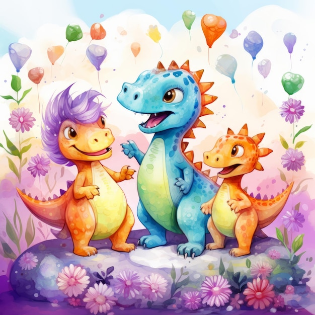Photo girlish delight colorful dinosaur adventures with vibrant friends