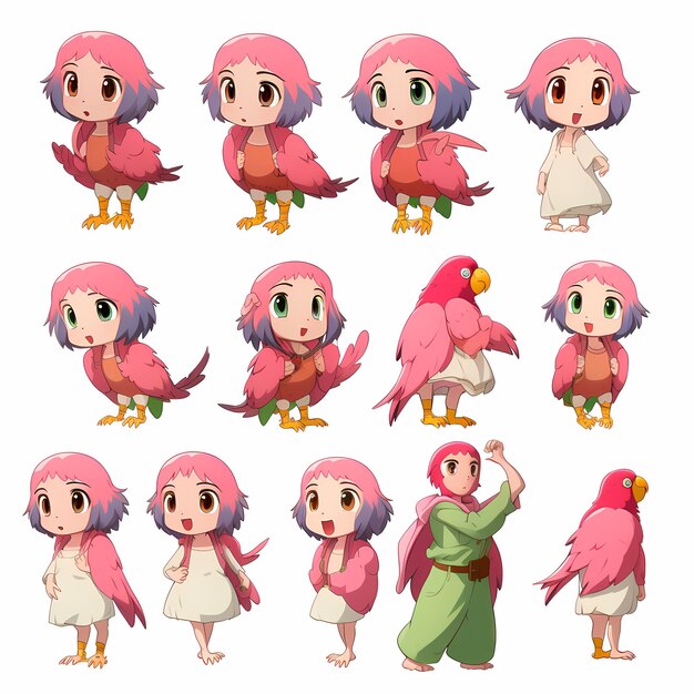 Photo girlish parrot character sheet in pink with multiple expressions and a standing pose