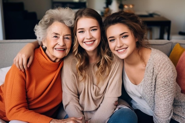 Foto le ragazze sono tutte sorrisi con la loro nonna e nonna