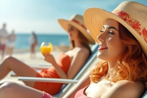 Girls on the beach drink juice and have fun Generative AI