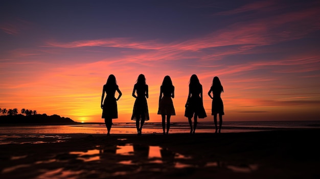 Foto ragazze sulla spiaggia al tramonto delineato il concetto di silhouette