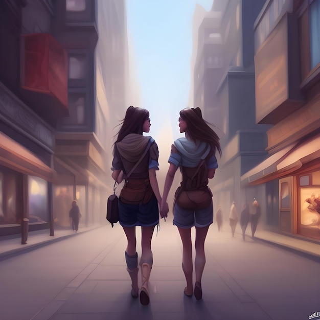 Girls best friend holding hands in cyber city digital painting