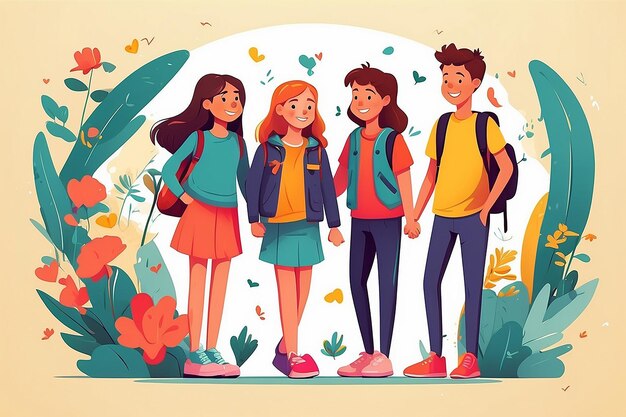 Girls and boys friendship illustration design