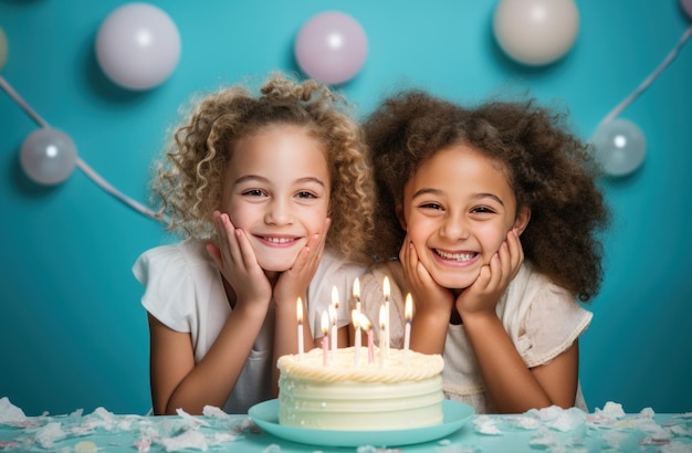 Девочки празднуют день рождения на столе с тортом и свечами для детей