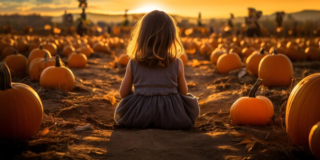 Girls children in the fall pumpkin patch Thanksgiving Halloween