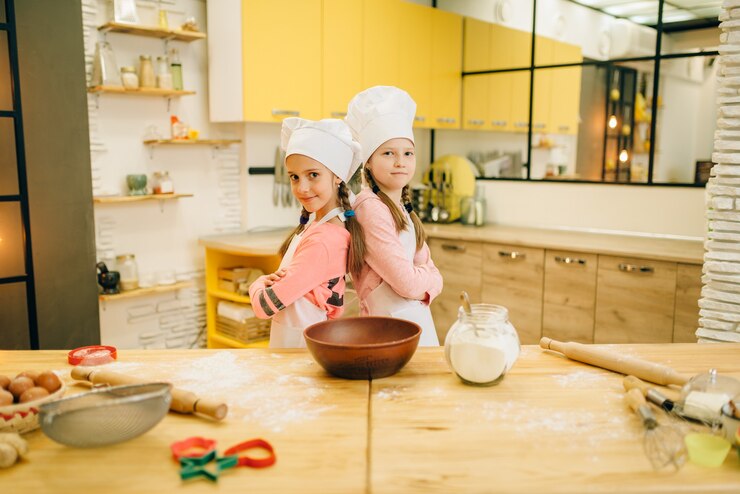 Photo girls cooks in caps are back to each other