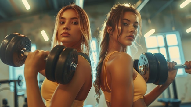 Girls doing strength training with dumbbells in a wellequipped gym