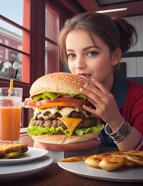 ハンバーガーを食べる女の子の写真を閉じる