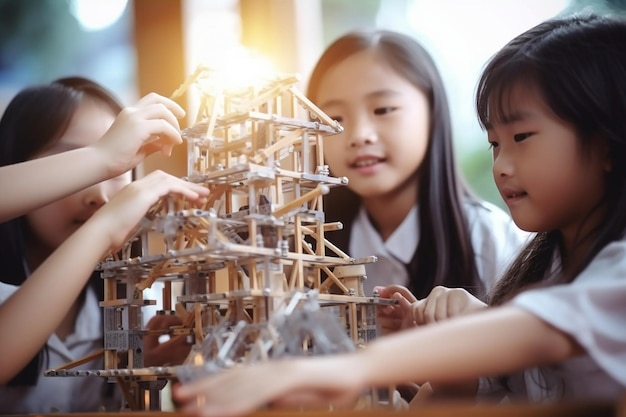 Girls engaged in a handson engineering project building structures and solving