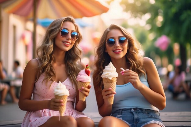 写真 女の子がアイスクリームを外で楽しんでいる甘い夏の祝い