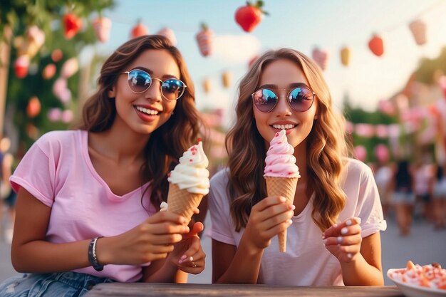 女の子がアイスクリームを外で楽しんでいる甘い夏の祝い