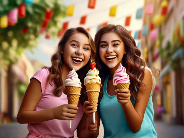 Girls enjoying a sweet summer celebration outdoors ice cream