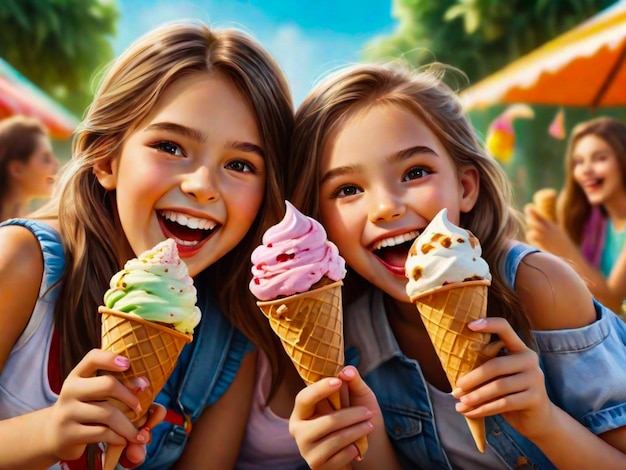 Girls enjoying a sweet summer celebration outdoors ice cream