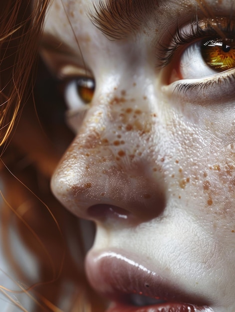 The girls face is closeup partially covered with shadows penetrating through the leaves The persons eye stands out and appears green and the iris shows intricate detail