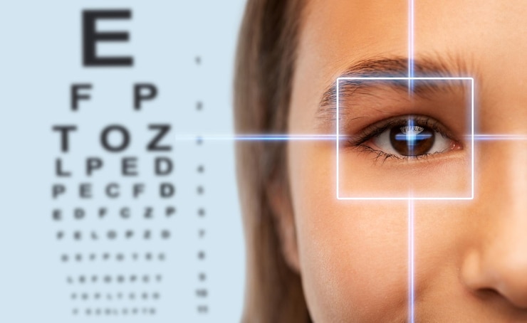 Photo girls face with laser ray and eye test chart