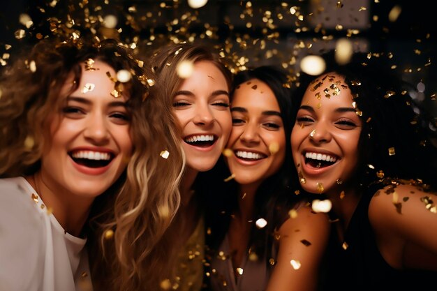 Photo girls friends party having fun with gold confetti