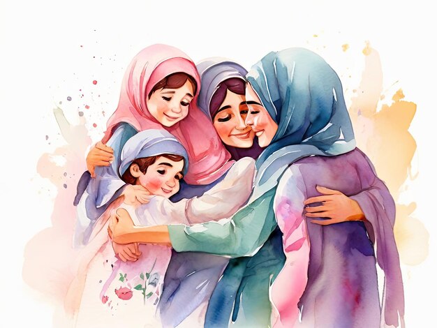 Girls greeting their mother Mothers day concept Watercolor illustration