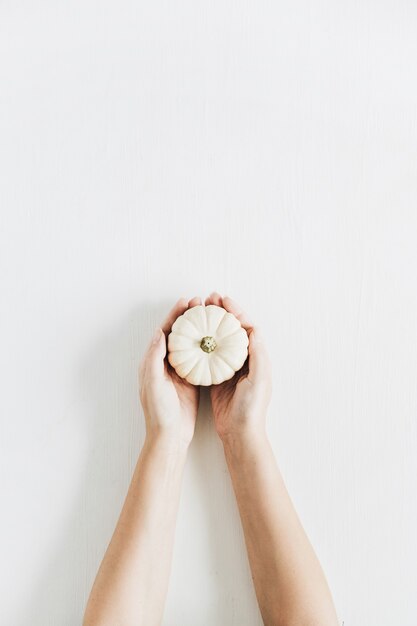 Girls hand holding white pumpkin on white background. Flat lay, top view