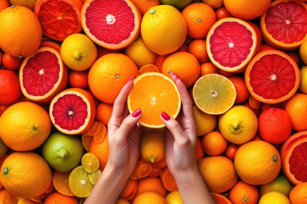 女の子の手は、新鮮なオレンジ色の柑橘類の背景の丸いスライスを保持しています。