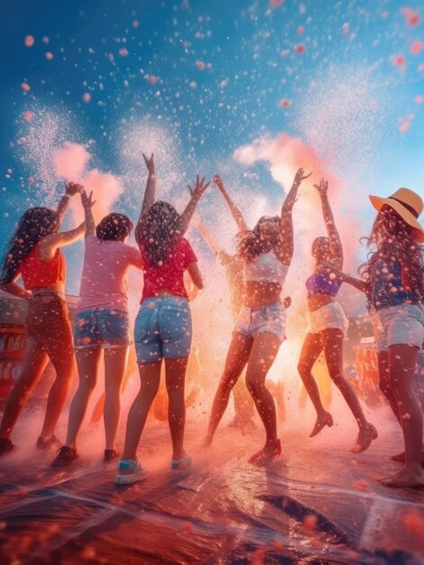 Photo the girls have fun at the latin foam party on the beach