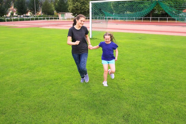 Girls have fun on the stadium