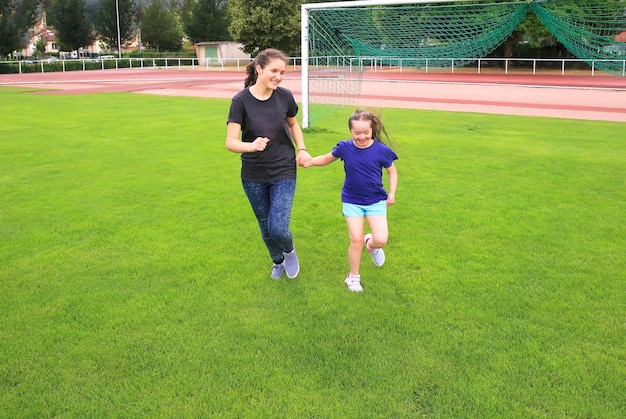 Girls have fun on the stadium