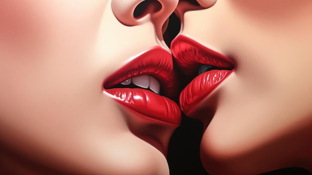 소녀들은 빨간 입술을 가까이서 키스합니다.