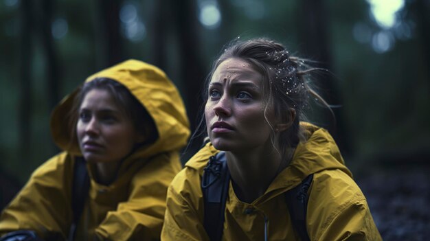 Girls lost and upset in a damp forest crying alone