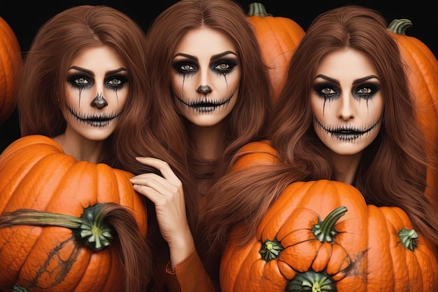 girls make up Halloween pumpkin head jack lantern background the spookiest day of the year illustration generative ai