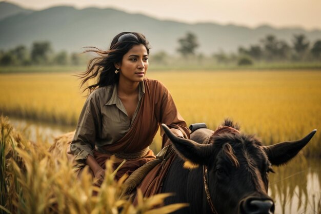 Photo a girls in an old long dress rides a horse in the forest