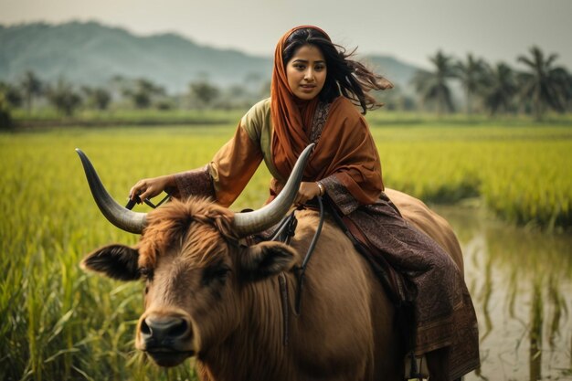 A girls in an old long dress rides a horse in the forest