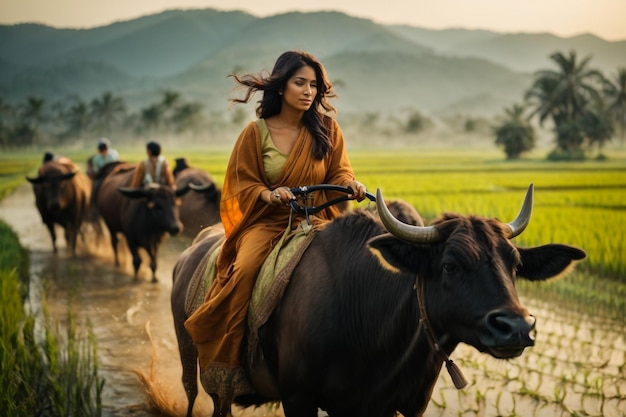 Photo a girls in an old long dress rides a horse in the forest