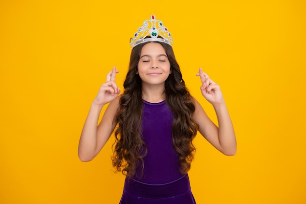 Girls party funny kid in crown Child queen wear diadem tiara Cute little princess portrait