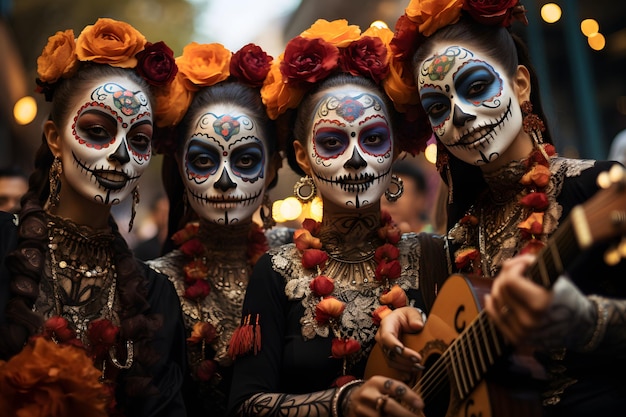 La Catrina 메이크업으로 기타를 연주하는 소녀 죽은 자의 날 멕시코 휴일