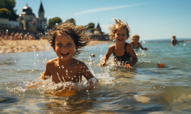 Девочки играют на берегу моря летом на пляже солнце тепло воды песочный замок песок