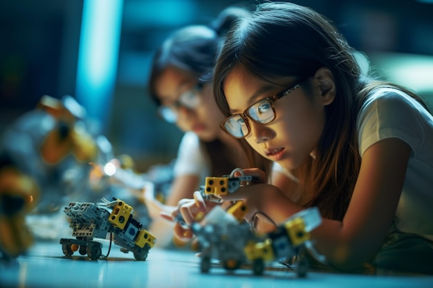 Girls in a robotics club building and programming robots girls education Asian