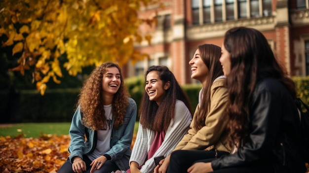 Girls sitting on a bench in front of a building with the word " on it.