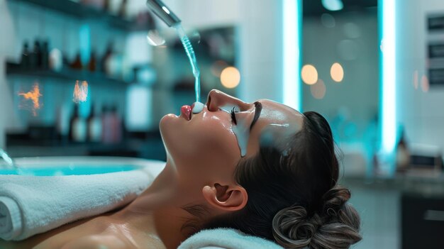 Photo girls in spa getting facials woman in mask on face in spa beauty salon relaxed woman receiving a facial treatment with a mask being applied to her face by a spa therapist in a serene spa environment