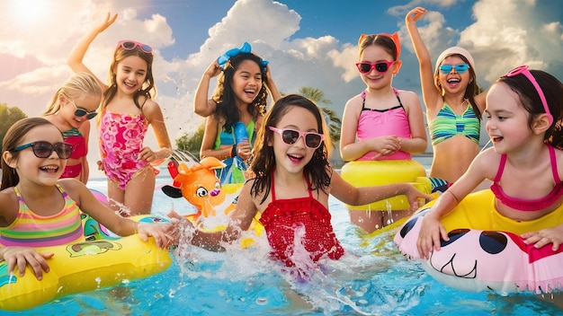 Girls on summer party in the swimming pool