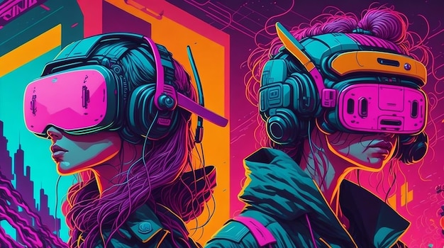 Girls Wearing VR Headset Illustrations in 4k Cyberpunk World of Vibrant Colors and Retro Vibes
