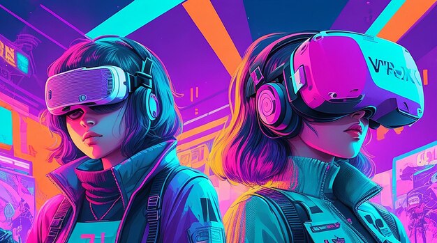 Girls Wearing VR Headset Illustrations in 4k Cyberpunk World of Vibrant Colors and Retro Vibes