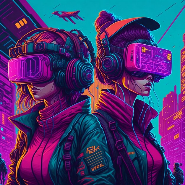 Girls wearing vr headset illustrations in 4k cyberpunk world of vibrant colors and retro vibes