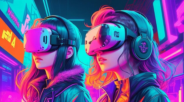 Girls Wearing VR Headset Illustrations in 4k Cyberpunk World of Vibrant Colors and Retro Vibes